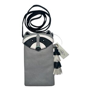 NWT Fossil Racoon Crossbody Phone Bag Gray Leather Novelty Phone Pouch Tassel
